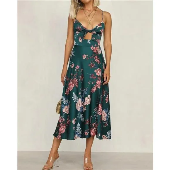Dark Green Floral Print Satin Tie Front Cami A-Line Dress Flowy Midi Party Dress - Picture 3 of 6